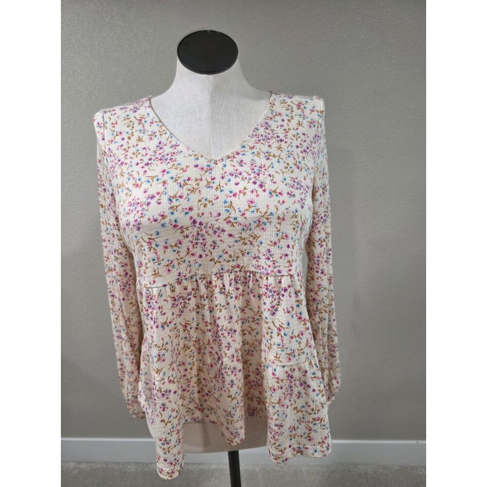 Torrid Floral Print Ribbed Peplum Long Sleeve Top S M/L Cream/Pink/Blue Stretch
